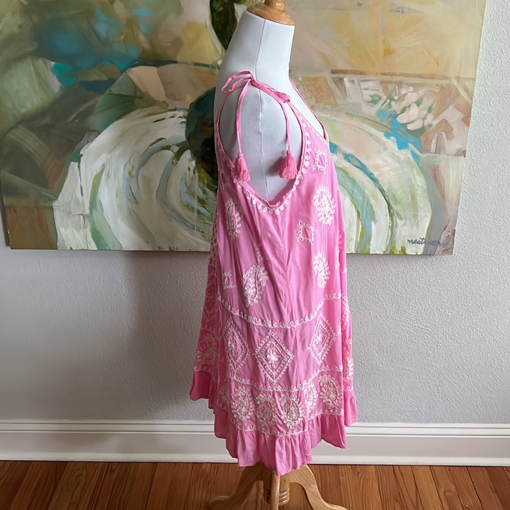 Pranella Dress Embroidered Pink Cover Up Greek Tasseled Size 2 / medium - Picture 12 of 17